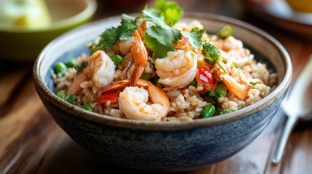A bowl of Thai-style seafood fried rice, filled with shrimp, crab, and fresh vegetables, garnished with cilantro.の素材