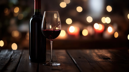A bottle of wine and a wine glass with a drop of red wine clinging to the rim, set on a dark wooden table with elegant candlelight.の素材