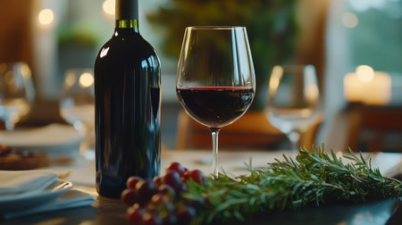 A bottle of aged red wine resting next to a glass of wine, surrounded by fresh rosemary and grapes, with a cozy dinner table setting.の素材