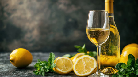 A bottle of chilled white wine with condensation, placed next to a crystal wine glass, surrounded by fresh lemon slices and mint.の素材