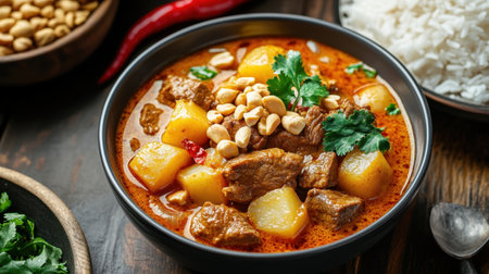 A bowl of Thai Massaman curry with chunks of beef, potatoes, and peanuts, served with jasmine rice on the side.の素材