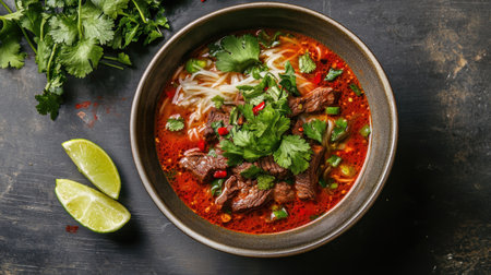 A bowl of traditional Thai noodle soup with beef, fresh herbs, and chili, garnished with lime wedges and cilantro.の素材