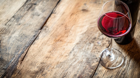A close-up of a wine glass with swirling red wine, placed next to an unopened bottle on a rustic wooden table with a soft light background.の素材