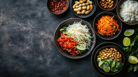A close-up of Som Tum papaya salad with fresh shredded papaya, chili, peanuts, and lime, served with sticky rice.の素材