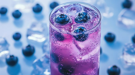 A fizzy blueberry and lemon mocktail in a tall glass, with blueberries floating among ice cubes, against a white and blue background.の素材
