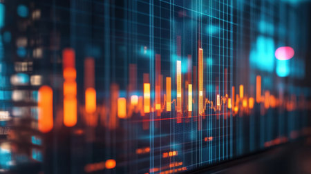 A digital bar chart on a computer screen, showing business performance data for the last five years.の素材