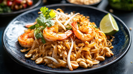 A delicious plate of Pad Thai, with stir-fried noodles, shrimp, peanuts, lime, and fresh cilantro.の素材