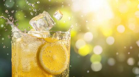 A dramatic close-up of ice cubes being dropped into a lemonade-filled glass, creating a splash effect, against a bright summer background.の素材