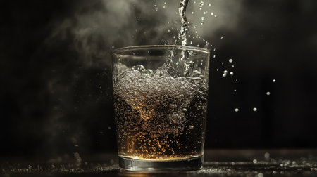 A dark and moody shot of an energy drink being poured into a glass, with bubbles and steam rising dramatically.の素材
