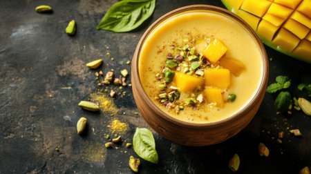 A freshly made mango lassi in a traditional clay cup, topped with a sprinkle of cardamom and crushed pistachios.の素材
