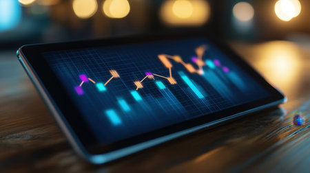 A digital D line graph displayed on a tablet, showing an upward trajectory of business growth over the past months.の素材