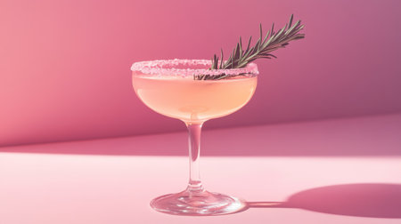 A fizzy grapefruit mocktail in a coupe glass, with rosemary sprigs and pink salt on the rim, against a pastel-colored background.の素材