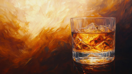 A glass of whiskey on the rocks, with warm golden light reflecting through the amber liquid, set against a dark, moody backdrop.の素材