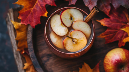 A ginger and apple cider mocktail in a copper mug, garnished with apple slices and a cinnamon stick, placed on a wooden tray with autumn leaves.の素材