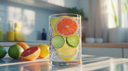 A glass of citrus soda with floating lemon, lime, and grapefruit slices, on a modern kitchen countertop with a bright background.の素材