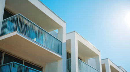 A stylish modern residential apartment building featuring sleek lines and spacious balconies, set against a clear blue sky, offering a vibrant urban lifestyle.の素材