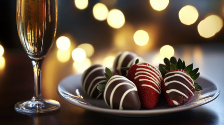 A plate of Valentine chocolate strawberries with artistic white and dark chocolate swirls, placed beside a glass of champagne and soft lighting.の素材