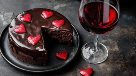A Valentine chocolate cake with a smooth, glossy chocolate glaze and heart-shaped decorations, placed next to a glass of red wine.の素材