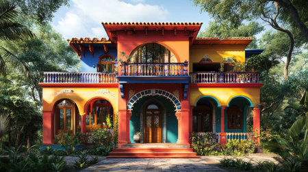 A stunning traditional house design, east facing, featuring vibrant colors and intricate details, surrounded by lush greenery, perfect for a serene ambiance.の素材