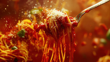 A close-up of a fork twirling spaghetti with rich marinara sauce, fresh basil, and a sprinkle of Parmesan cheese.の素材