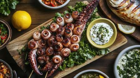 A Mediterranean seafood feast with grilled octopus, shrimp skewers, and whole grilled fish, served with lemon and herbs.の素材