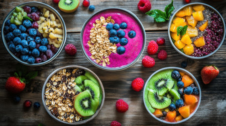 A top-down view of a table with several smoothie bowls filled with vibrant fruits like acai, kiwi, and granola, placed on a wooden surface.の素材