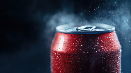 A bold and dramatic shot of a soft drink can being opened, with carbonation mist escaping, against a dark moody background.の素材