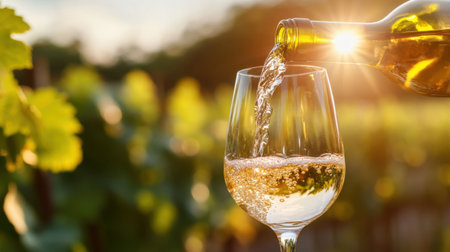 A bottle of white wine being poured into a glass, with soft sunlight streaming through the background and a vineyard visible.の素材