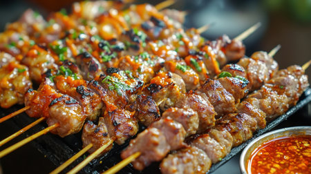 A close-up of Thai street food skewers, including grilled pork, chicken, and beef, with a side of spicy dipping sauce.の素材