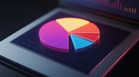 A D pie chart on a modern laptop screen, illustrating market share distribution for a companys product lines.の素材