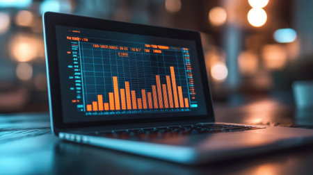 A D financial bar graph displayed on a laptop screen, showcasing quarterly performance of a startup company.の素材