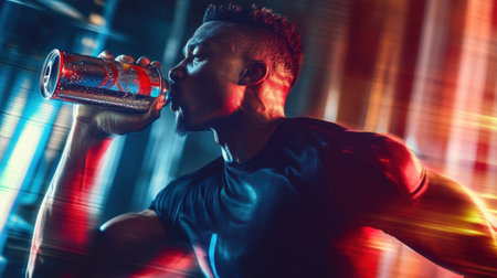 A dynamic action shot of an athlete drinking an energy drink from a can, with motion blur to emphasize movement and power.の素材