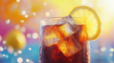 A chilled cola in a glass with ice cubes and lemon slices, condensation on the glass, with a blurred summer background.の素材