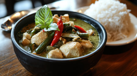 A flavorful bowl of green curry with tender chicken, bamboo shoots, and Thai basil, served with a side of jasmine rice.の素材
