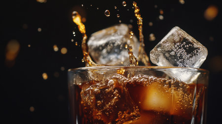 A dramatic close-up of ice cubes dropping into a glass of cold brew coffee, creating a splash effect, against a dark background.の素材