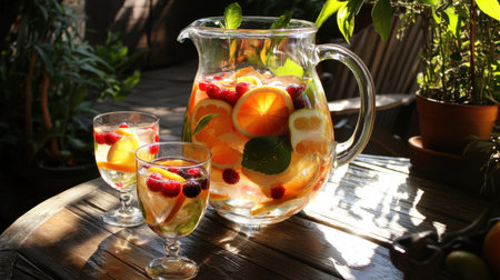 A fruity sangria in a pitcher and glasses, filled with citrus slices and berries, placed on a sunlit outdoor patio table.の素材
