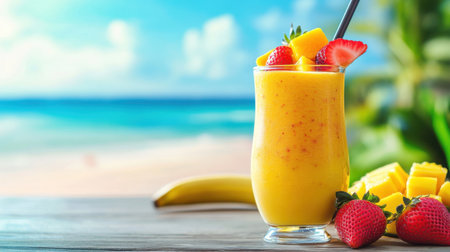 A colorful fruit smoothie in a glass, made with fresh mango, strawberries, and bananas, with a tropical beach background.の素材