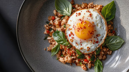 A plate of Thai-style Pad Krapow, stir-fried ground chicken with basil and chili, served with a fried egg on top.の素材