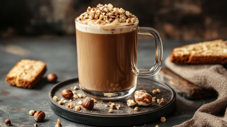 A sophisticated presentation of a hazelnut iced coffee in a clear mug, garnished with crushed hazelnuts and served with a biscotti.の素材