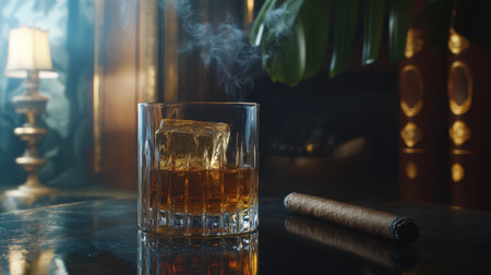 A smoky whiskey glass with a large ice cube, with a cigar resting nearby, creating a luxurious and moody atmosphere.の素材