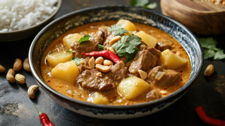 A rich and creamy Thai massaman curry with beef, potatoes, and peanuts, served in a traditional bowl with rice on the side.の素材