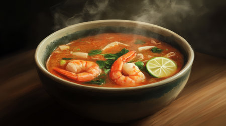 A steaming bowl of Tom Yum soup, filled with shrimp, mushrooms, and fragrant herbs, with a squeeze of lime.の素材