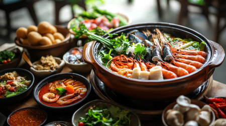 A Thai hot pot featuring fresh seafood, vegetables, and herbs, served with dipping sauces in a traditional clay pot.の素材