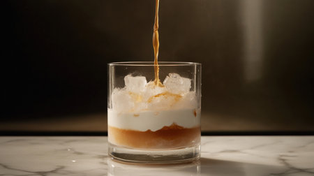 A stylish shot of an iced espresso macchiato in a glass, with espresso pouring over ice, creating a beautiful layered effect.の素材