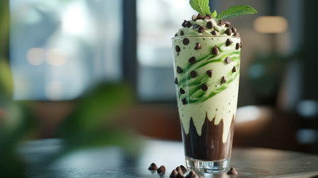 A refreshing mint chocolate chip milkshake in a tall glass, with green swirls, chocolate chips on top, and a mint leaf garnish.の素材