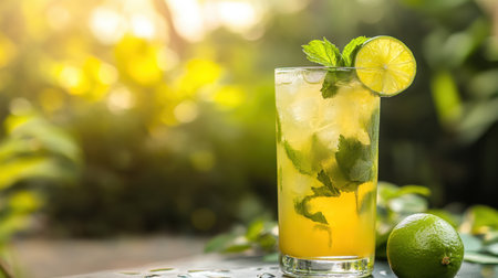 A refreshing iced green tea mocktail with mint and lime, served in a tall glass with condensation on the sides, against a sunny garden backdrop.の素材