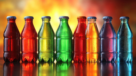 A row of different soda bottles in various colorsの素材