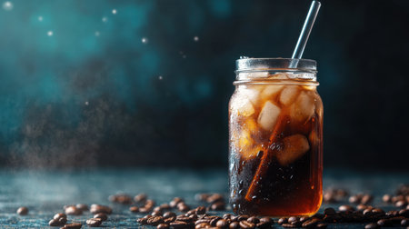 A refreshing iced latte in a mason jar with a straw, condensation on the glass, and coffee beans scattered around on a rustic surface.の素材