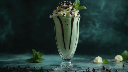 A refreshing mint chocolate chip milkshake in a tall glass, with green swirls, chocolate chips on top, and a mint leaf garnish.の素材
