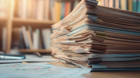 A stack of financial reports with line graphs and charts showing business performance trends.の素材